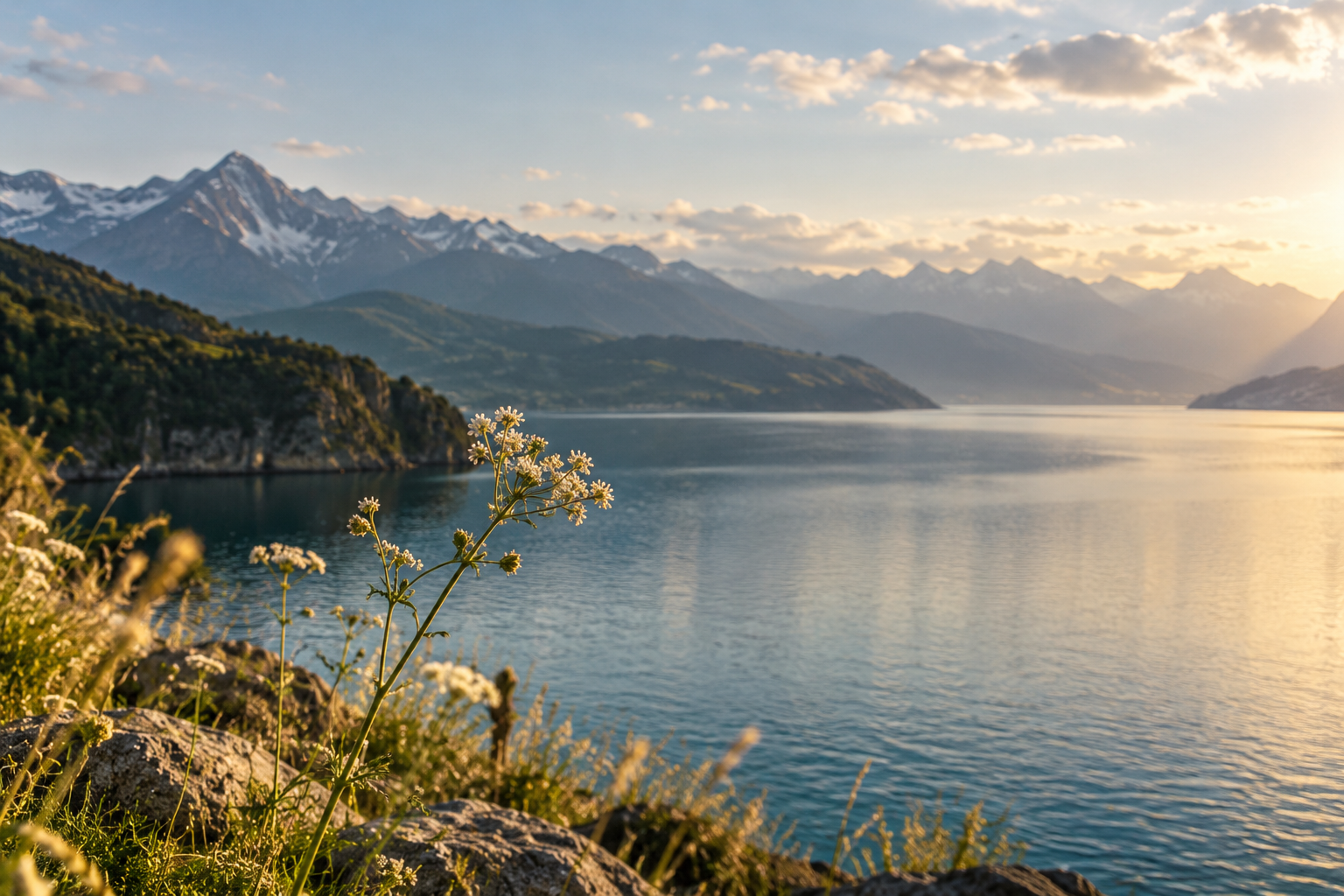 Licht über einem alpinen See und einer Berglandschaft